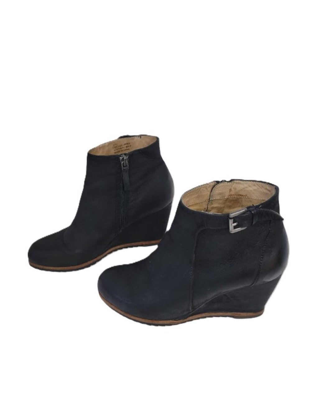 Biala Black Leather Wedge Ankle Boots Side Zip Ankle Buckle Bootie Women’s SZ 37